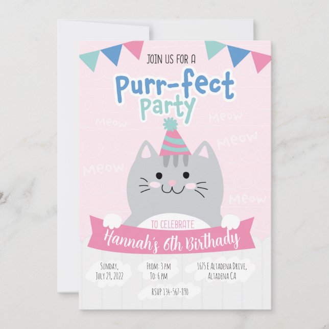 Invitaciones fiesta de cumpleaños cute kitty inbjudningar (Framsida)