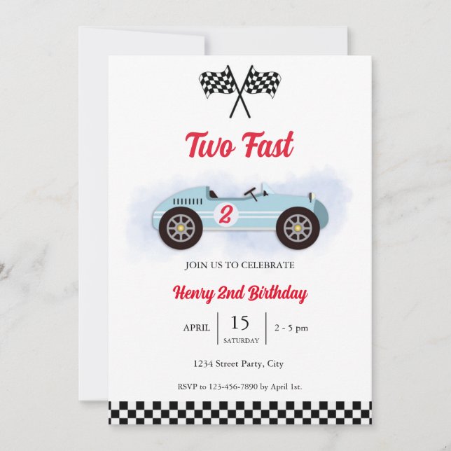 Invitation 2nd Birthday Too Fast, Vintage Race Inbjudningar (Framsida)