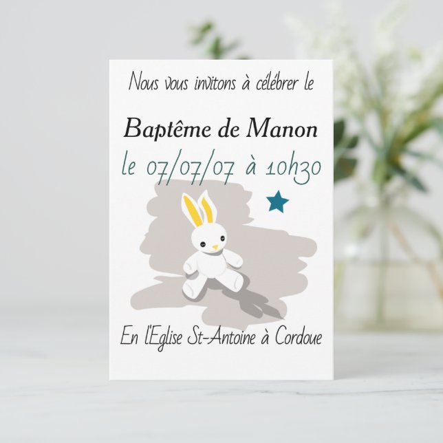 Invitation baptême petit lapin blanc OSA kort (Stående Fram)