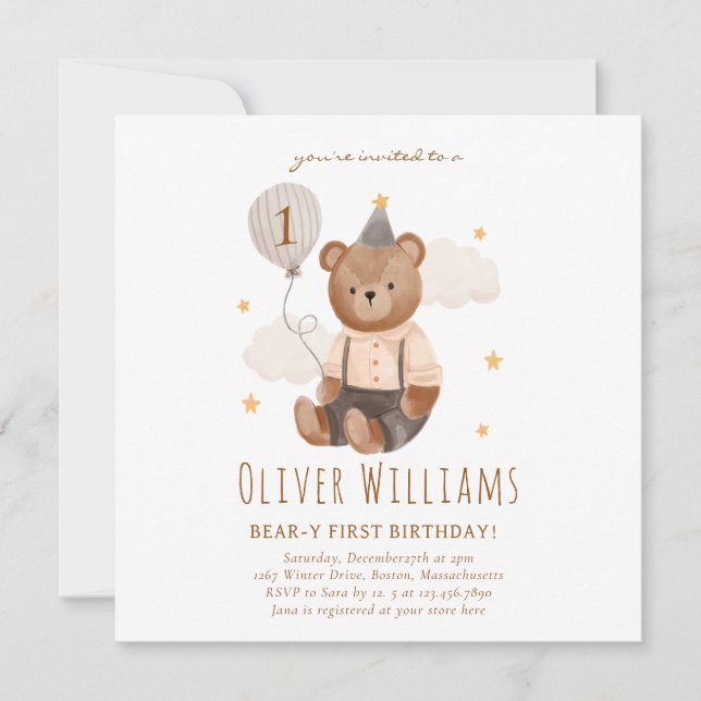 Invitation bear 1st birthday blue balloon (Framsida)