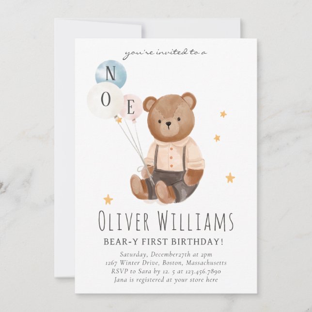 Invitation bear 1st birthday blue balloon inbjudningar (Framsida)