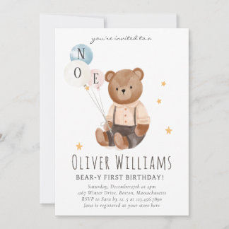 Invitation bear 1st birthday blue balloon inbjudningar