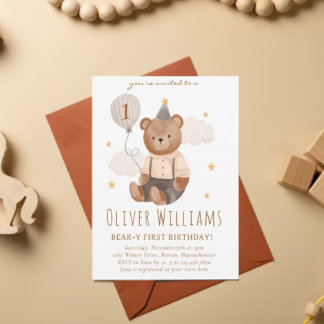 Invitation bear 1st birthday blue balloon inbjudningar