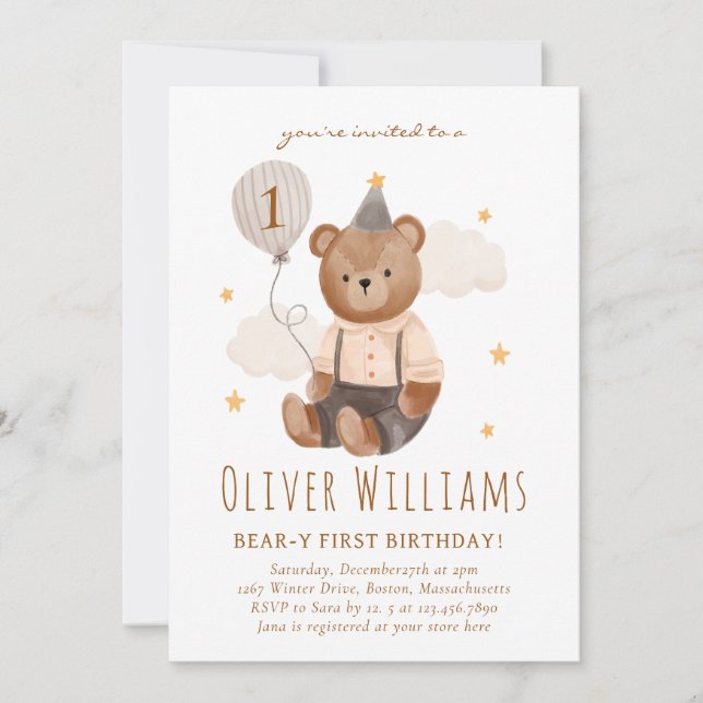 Invitation bear 1st birthday blue balloon inbjudningar (Framsida)