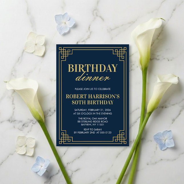 Invitation Birthday Dinner Elegant Navy Gold 80th Inbjudningar (SEE FULL SUITE AT BOTTOM)