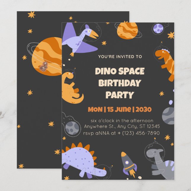 Invitation Birthday  Dino Space  for Boys Editable Inbjudningar (Fram/baksida)