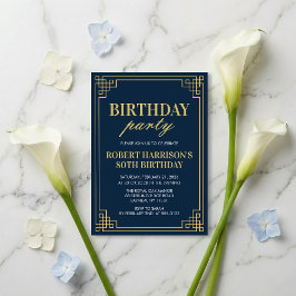 Invitation Birthday Party Navy Gold Art Deco 80th Inbjudningar