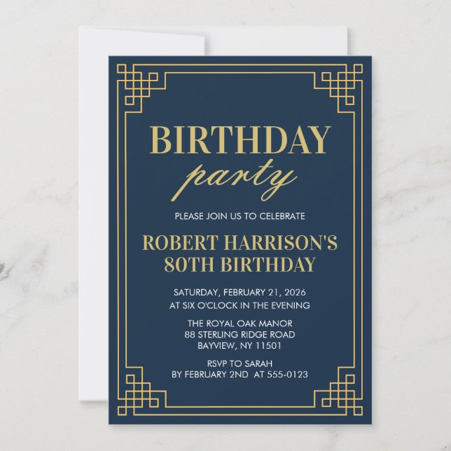 Invitation Birthday Party Navy Gold Art Deco 80th Inbjudningar (Framsida)