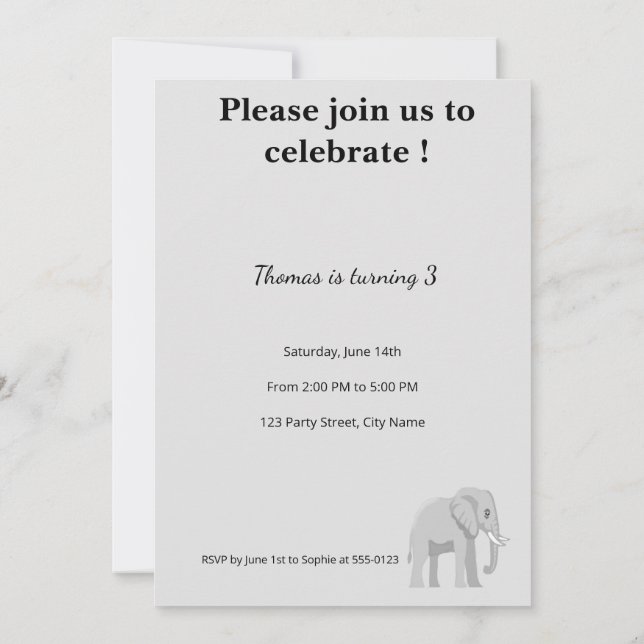 Invitation d'anniversaire éléphant mignon | Pastel Inbjudningar (Baksida)
