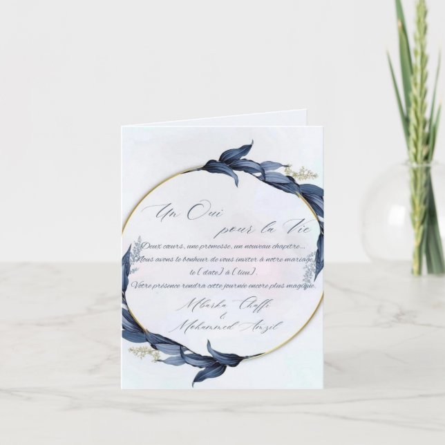 Invitation de mariage chic bleu et or – "Un Oui po Anteckningskort (Framsida)