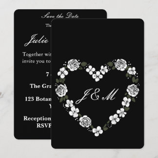 Invitation de mariage en forme de cœur floral noir julkort