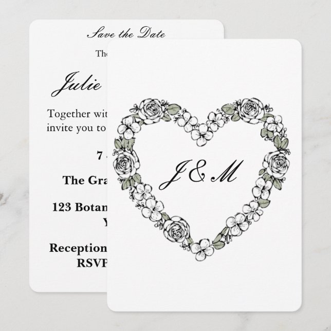 Invitation de mariage noir et blanc coeur Floral Julkort (Fram/baksida)