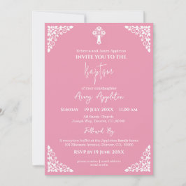 Invitation Floral Cross Baptism Rose Pink Inbjudningar