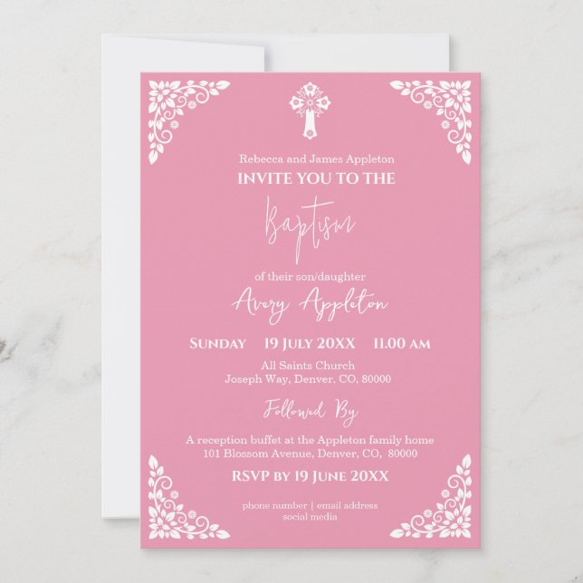 Invitation Floral Cross Baptism Rose Pink Inbjudningar (Framsida)