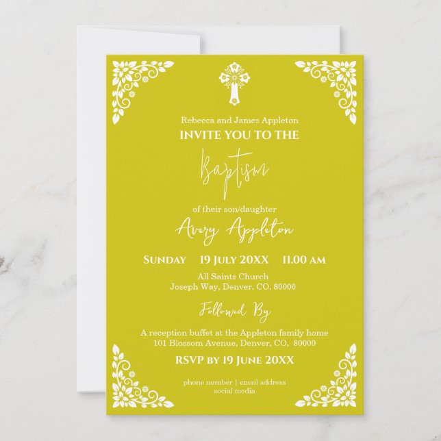 Invitation Floral Cross Baptism Yellow Inbjudningar (Framsida)