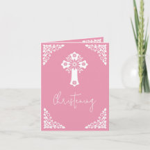 Invitation Floral Cross Christening Rose Pink