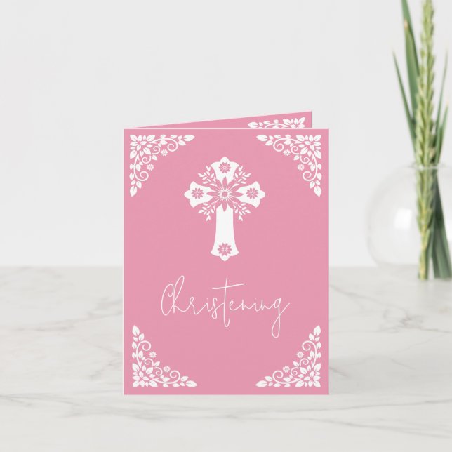 Invitation Floral Cross Christening Rose Pink Helgkort (Framsida)