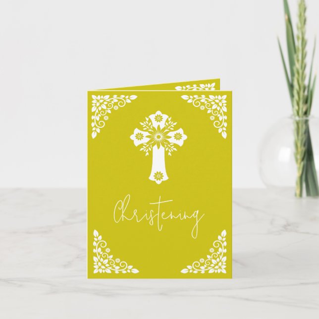 Invitation Floral Cross Christening Yellow Helgkort (Framsida)