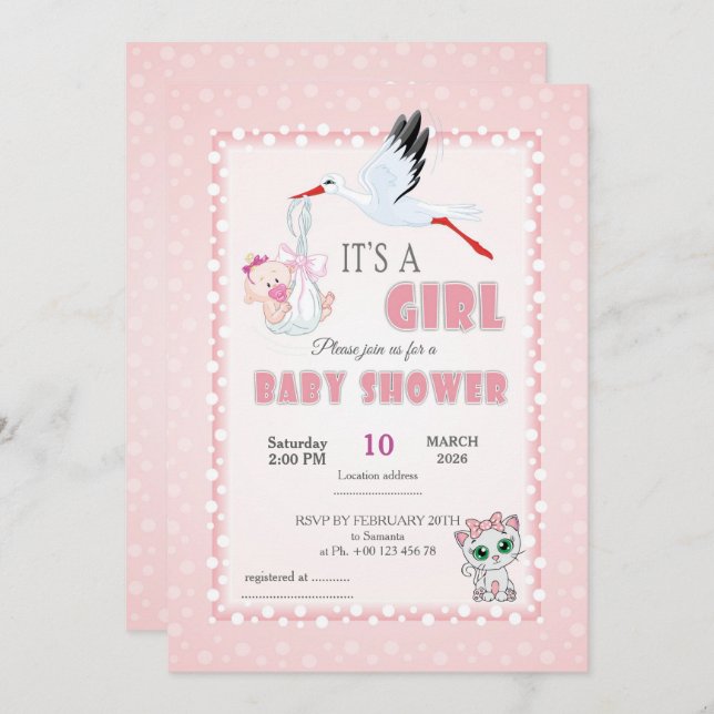 invitation for baby shower, it is a girl inbjudningar (Fram/baksida)