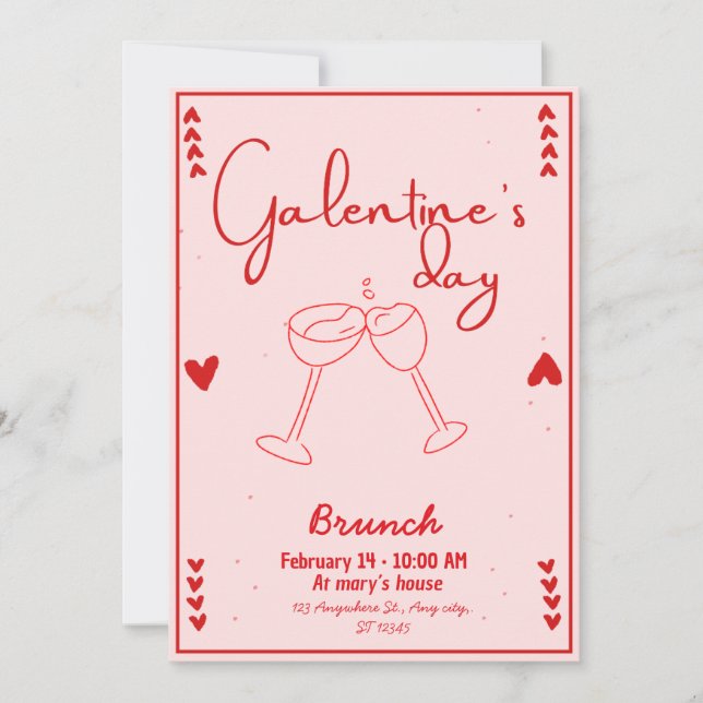 Invitation galentines day brunch red and pink inbjudningar (Framsida)