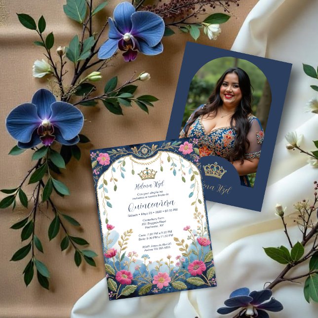 Invitation Inbjudningar (Blue Spanish Mexican Inspired Floral Border Embroidery Style Quinceañera Invitation Cards.)