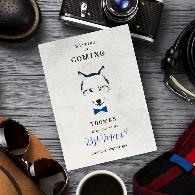 Invitation Inbjudningar (Grey Shades Best Man Proposal Card with Blue Bow Tie Featuring Wedding Wolf Design. )