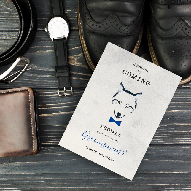 Invitation Inbjudningar (Grey Shades Groomsman Proposal Card with Blue Bow Tie Featuring Wedding Wolf Design.)