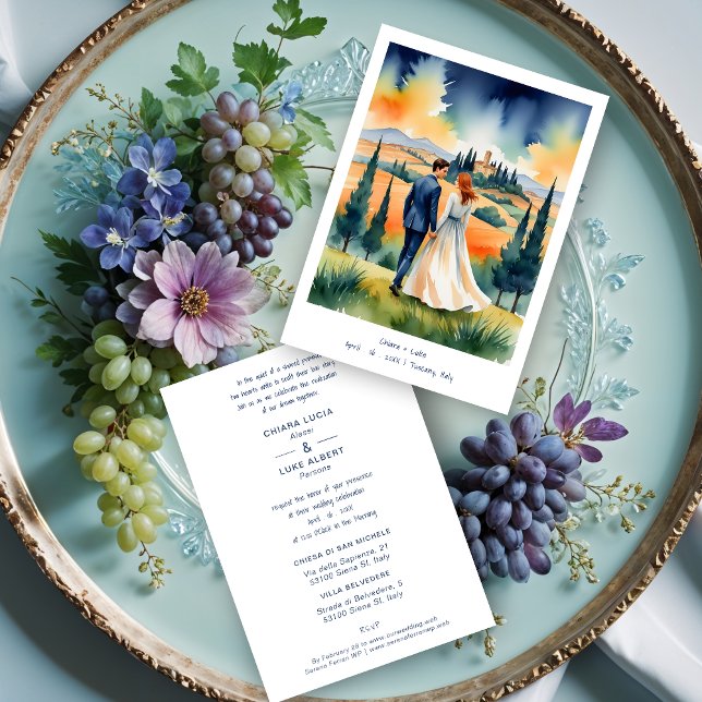 Invitation Inbjudningar (Tuscany Italy Colorful Field Landscape Wedding Couple Illustration Invitations Cards.)