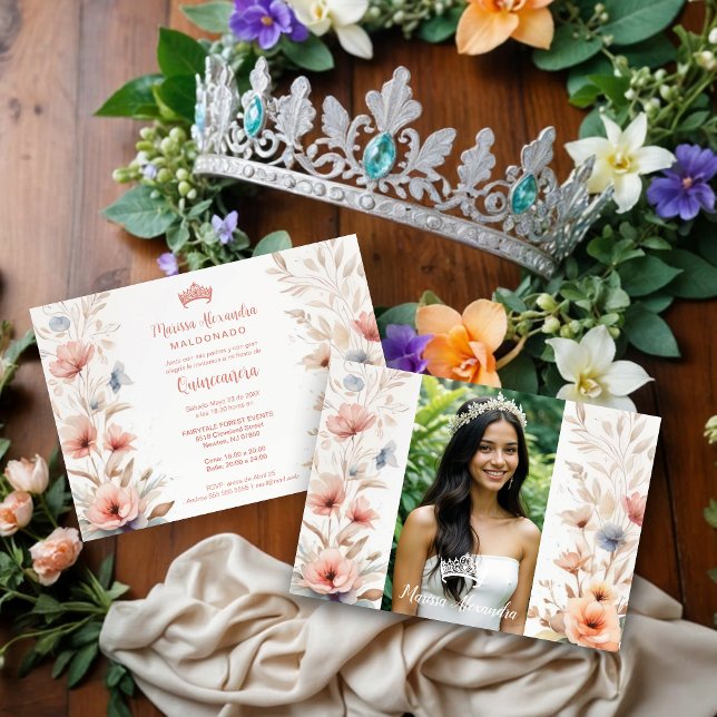 Invitation Inbjudningar (Cherish Sweet Floral Garlands Spanish Photo Mis XV Invitations Cards.)