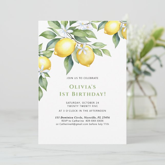 Invitation Lemon citrus 1st birthday. Inbjudningar (Stående Fram)
