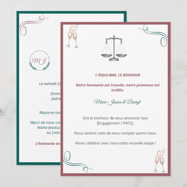 Invitation PACS ou Fiançailles Chic Inbjudningar (Fram/baksida)