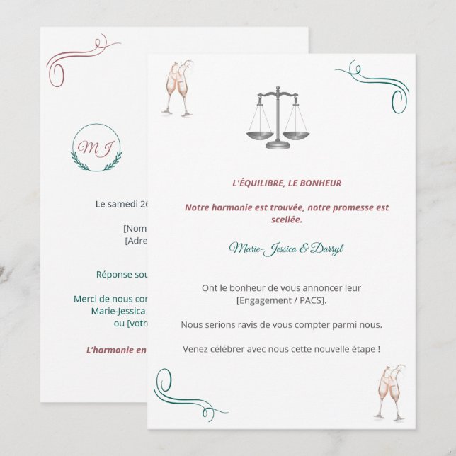 Invitation PACS ou Fiançailles Chic Inbjudningar (Fram/baksida)