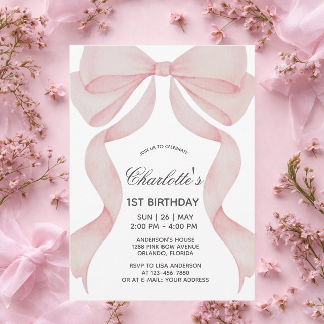 Invitation Pink Bow 1st Birthday Girl First Birthd Inbjudningar (Skapare uppladdad)