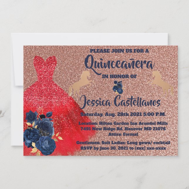 Invitation Red Gold Sparkle Dress Quinceañera Tack Kort (Framsida)