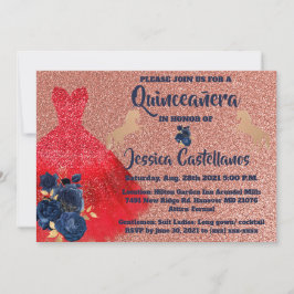 Invitation Red Gold Sparkle Dress Quinceañera Tack Kort
