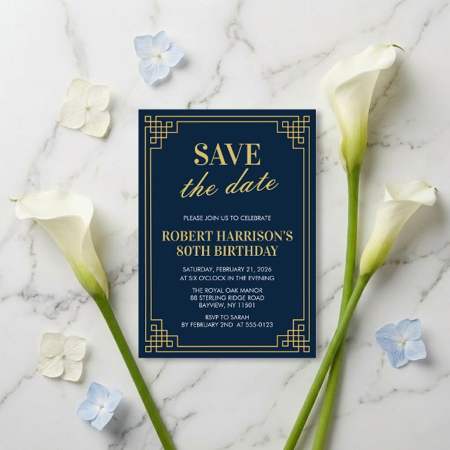 Invitation Save the Date Navy Gold 80th Birthday  Inbjudningar (SEE FULL SUITE AT BOTTOM)