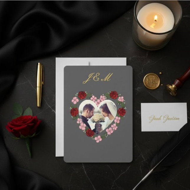 Invitation Slate Grey Gold Rose Heart Wedding Inbjudningar (Skapare uppladdad)