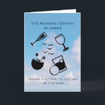 Invitation to a Cocktail Party Greeting Card Kort<br><div class="desc">This card is a slightly humorous invitation to attend a cocktail party, sent by a friend. The front the card depicts partially empty glasses raining from the sky, and then invites the guests to come in out of the "rain". The inside of the card invites the guests to "fill'er up"...</div>