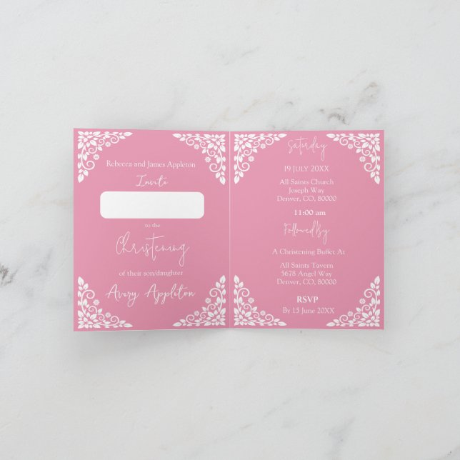 Invitation (write) Floral Cross Baptism Rose Pink Helgkort (Inuti)