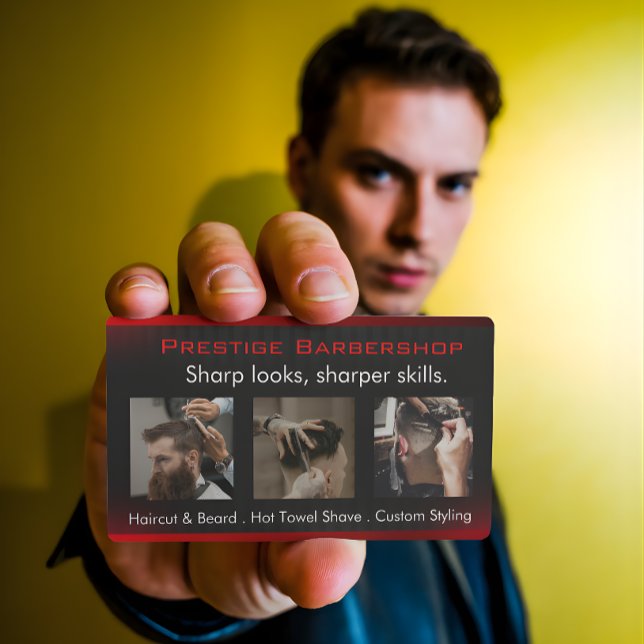 Iögonfallande modern frisör i rött svart vitt visitkort (Skapare uppladdad)