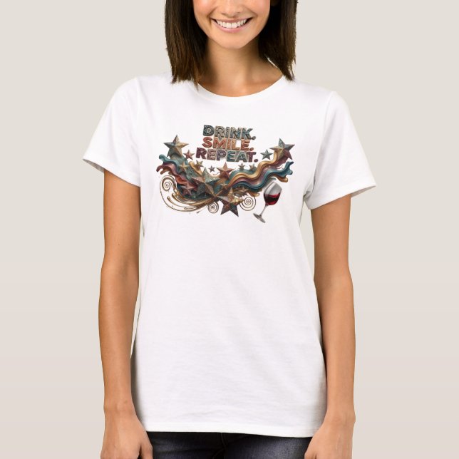 Iögonfallande Rosa DRINK SMILE REPEAT 3D Text Kons T Shirt (Framsida)