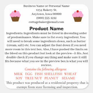 Iowa Cottage Food Law Label for home bakery Fyrkantigt Klistermärke