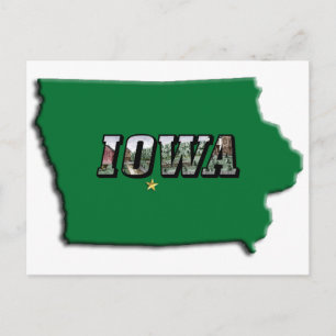 Iowa delstatskarta grön kontur & foto text vykort