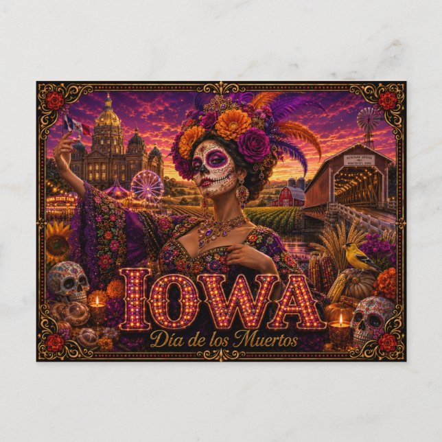 Iowa Día de los Muertos Retro Vykort (Framsida)