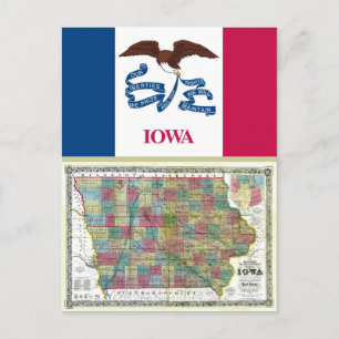 Iowa Karta och Statlig flagga Vykort