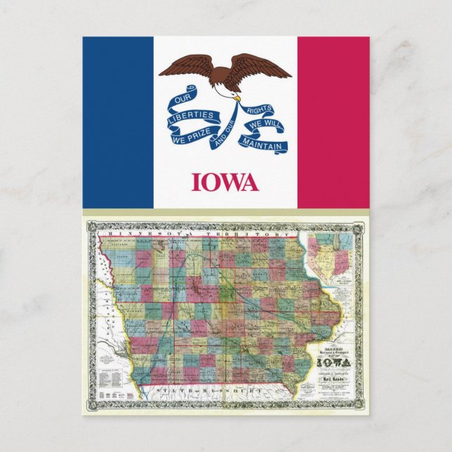 Iowa Karta och Statlig flagga Vykort (Framsida)