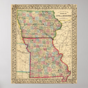 Iowa, Missouri Karta av Mitchell Poster