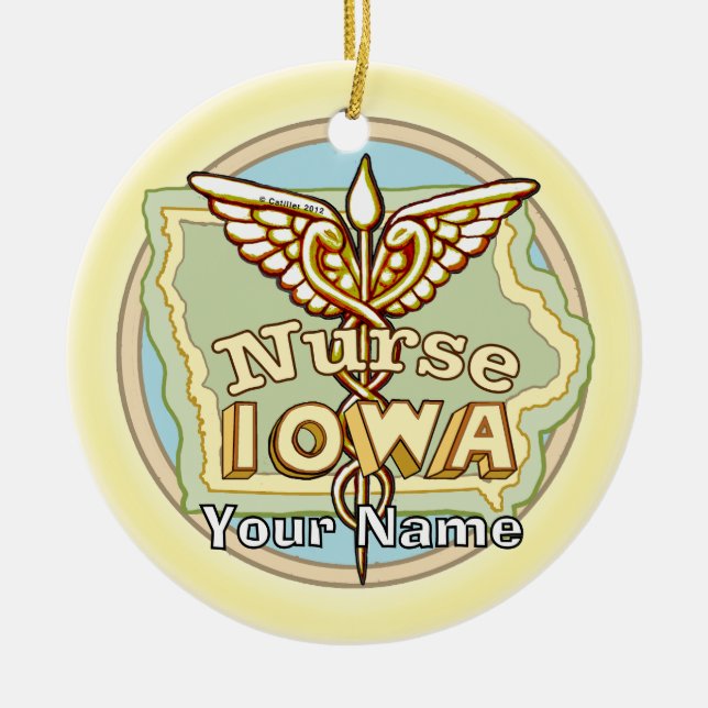 Iowa Nurse Caduceus  Julgransprydnad Keramik (Framsidan)
