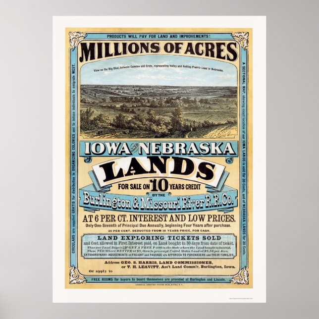 Iowa och Nebraska Land Advertisement 1872 Poster (Framsidan)