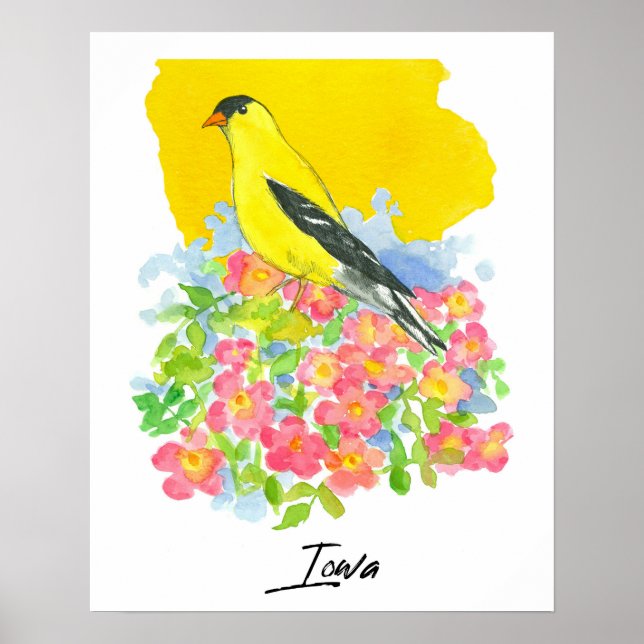 Iowa State Shape Goldfinch Pink Wild Roses Poster (Framsidan)